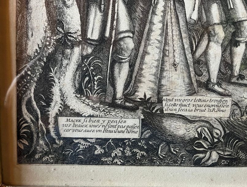 Artwork by Francois Bignon, The village wedding of Gombault and Macée, procession in the village street, Made of Wood engraving