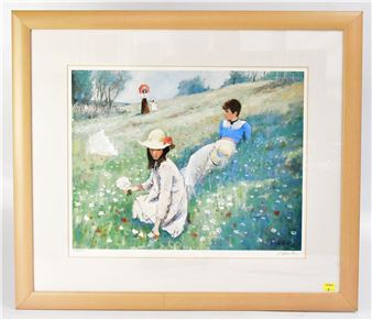 A framed watercolor of children playing in a sunlit meadow.