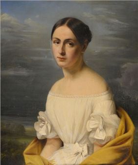 Elegant woman in white dress with yellow shawl - Joseph Court