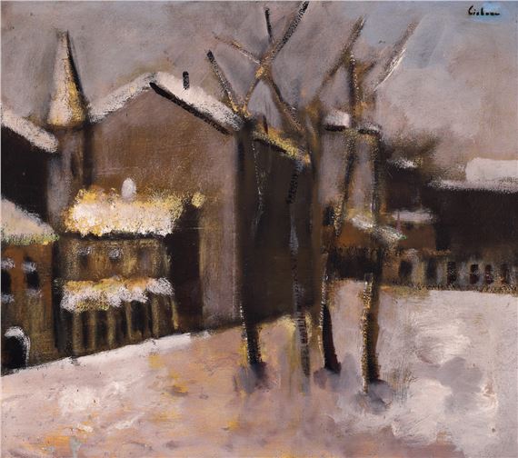 A muted winter street scene with snow-covered buildings and bare trees.