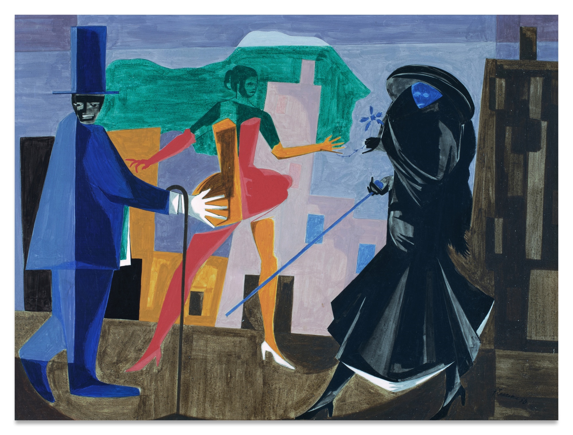 Artwork by Jacob Lawrence, Two Comedians and a Dancer, Made of tempera on board