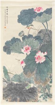 Martin pêcheur, nénuphars, grenouille et libellule - Chinese School