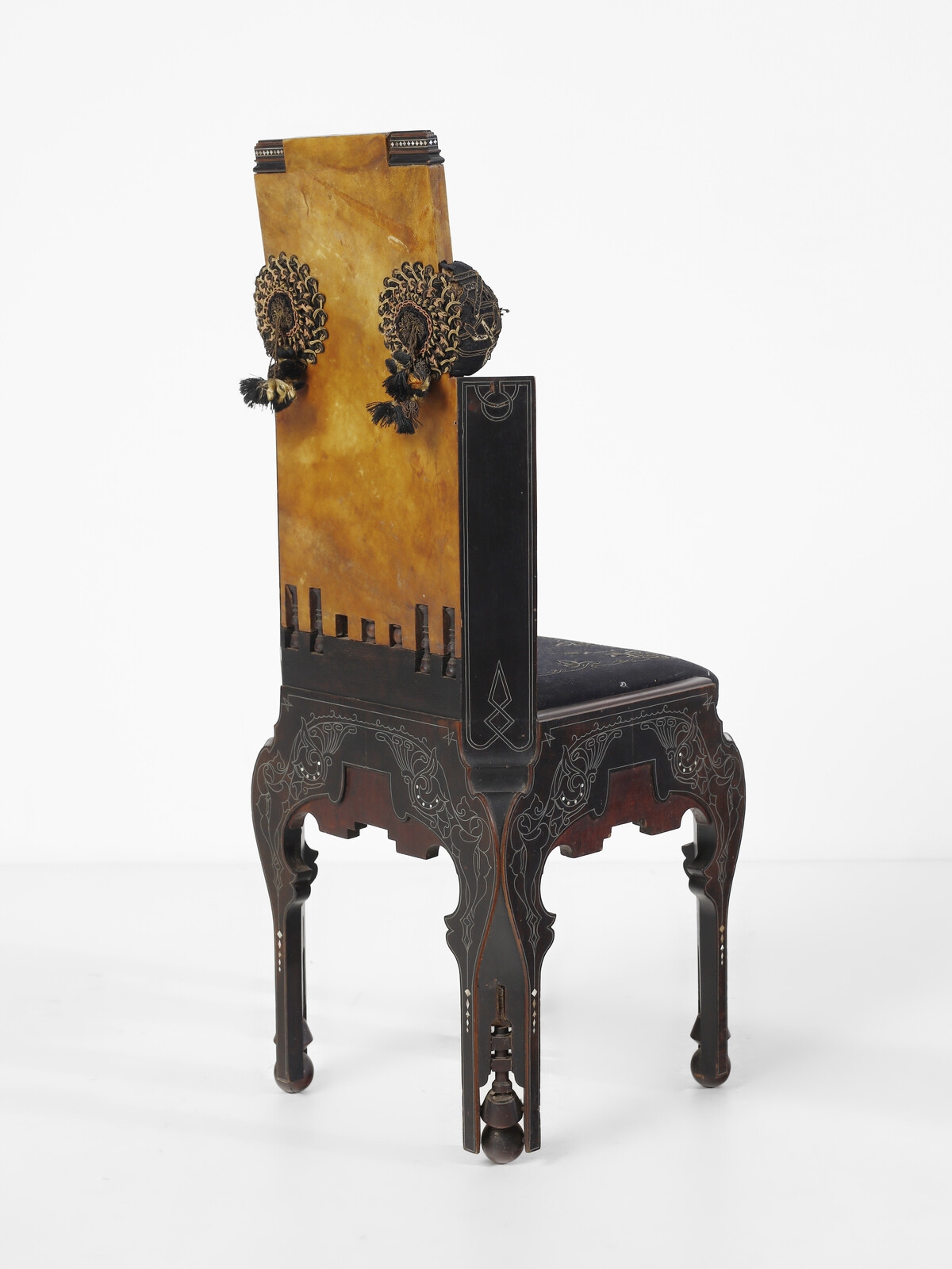 Artwork by Eugenio Quarti, Neo-Orientalist four chairs, Made of Wood, ebonized wood, mother of pearl, metal, parchment, embroidered fabric