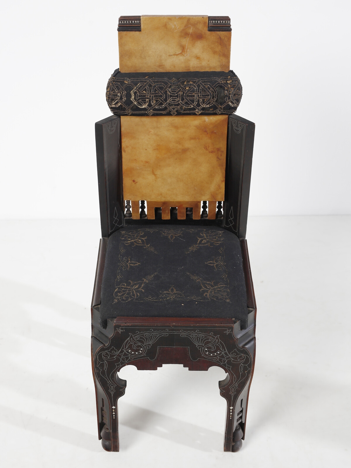 Artwork by Eugenio Quarti, Neo-Orientalist four chairs, Made of Wood, ebonized wood, mother of pearl, metal, parchment, embroidered fabric