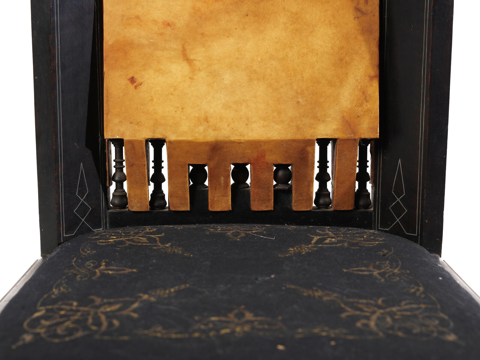 Artwork by Eugenio Quarti, Neo-Orientalist four chairs, Made of Wood, ebonized wood, mother of pearl, metal, parchment, embroidered fabric