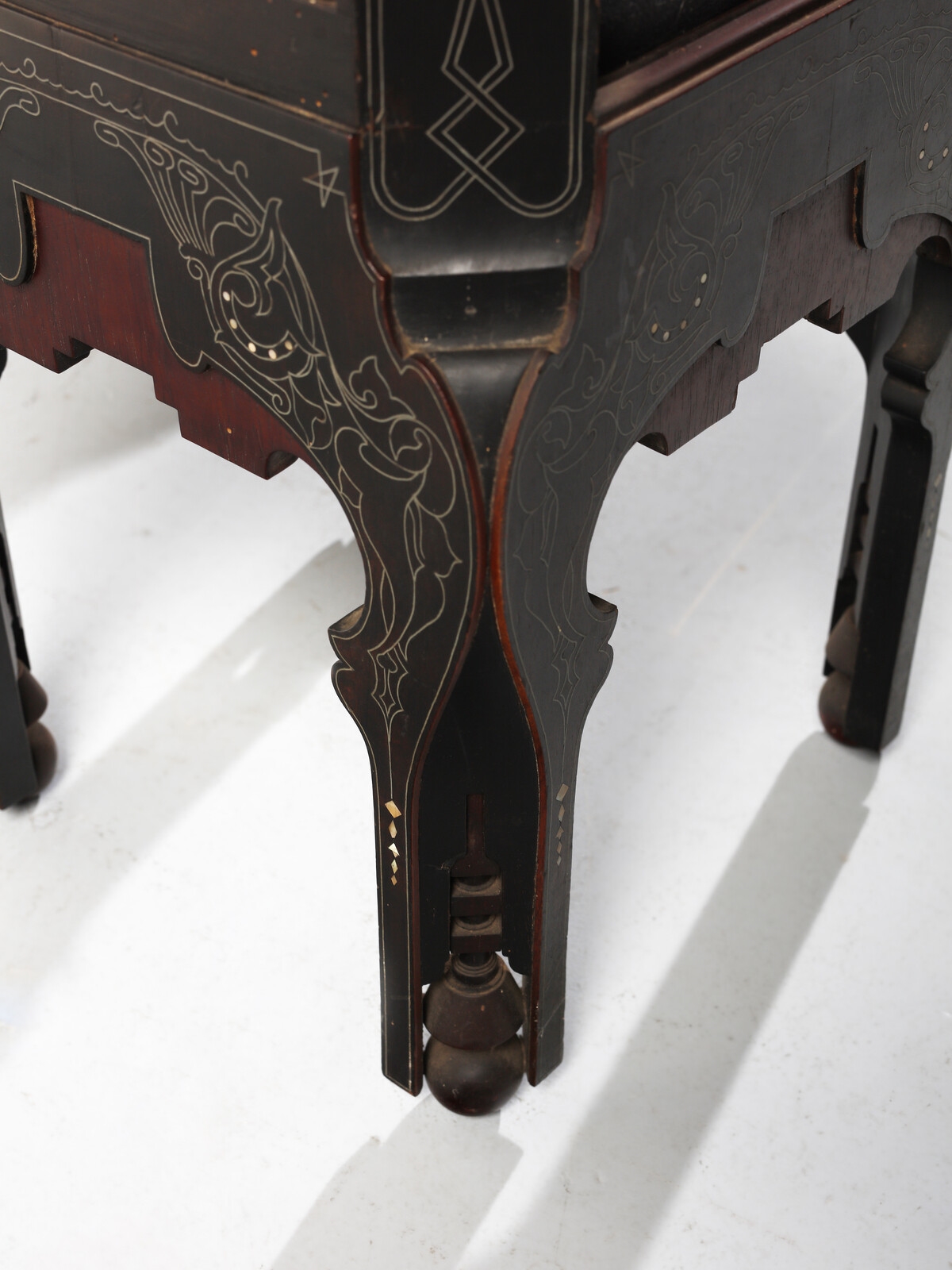 Artwork by Eugenio Quarti, Neo-Orientalist four chairs, Made of Wood, ebonized wood, mother of pearl, metal, parchment, embroidered fabric