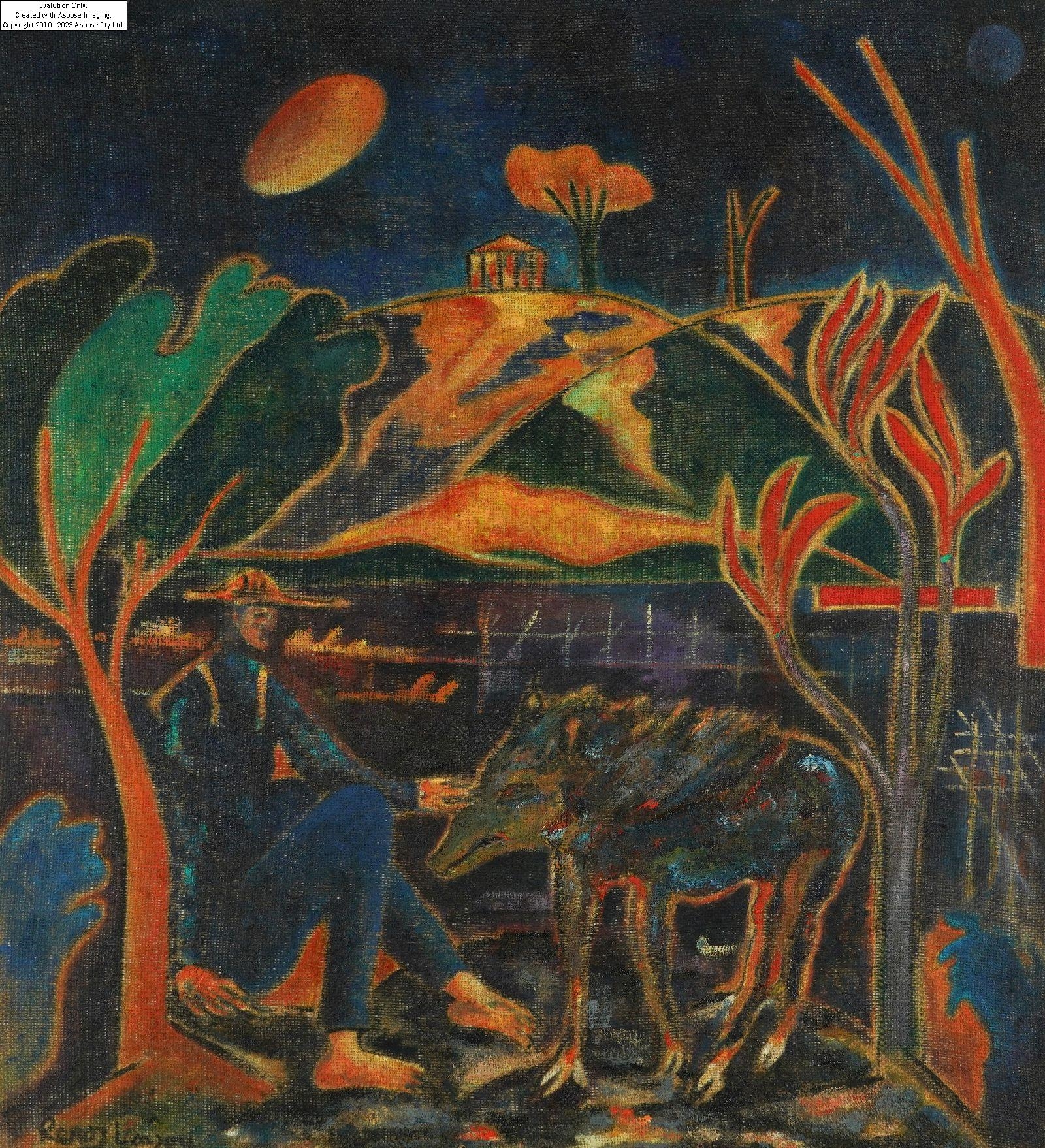 Artwork by Renos Loizou, Resting Man with Approaching Sanglier, Made of oil on canvas