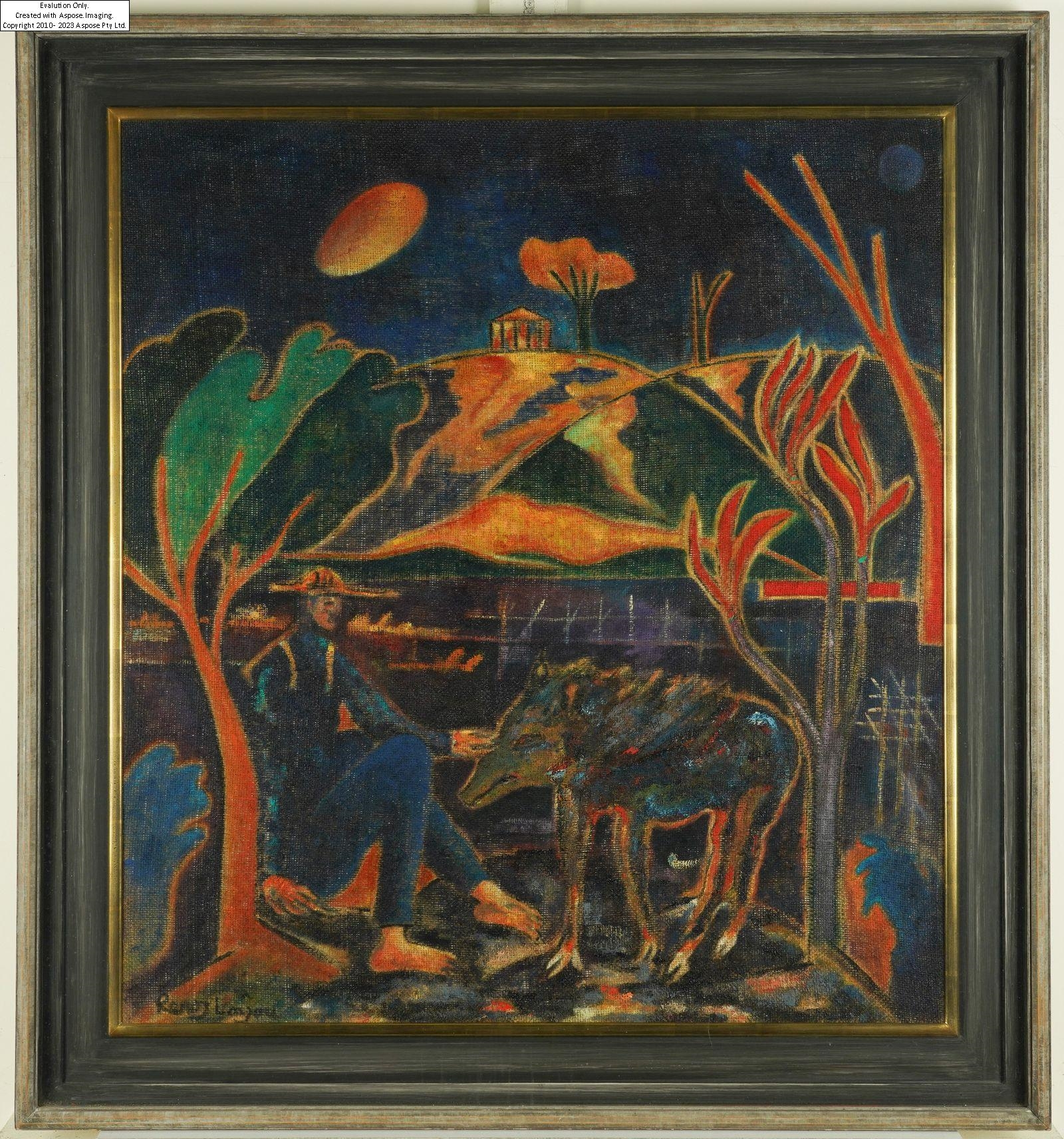 Artwork by Renos Loizou, Resting Man with Approaching Sanglier, Made of oil on canvas