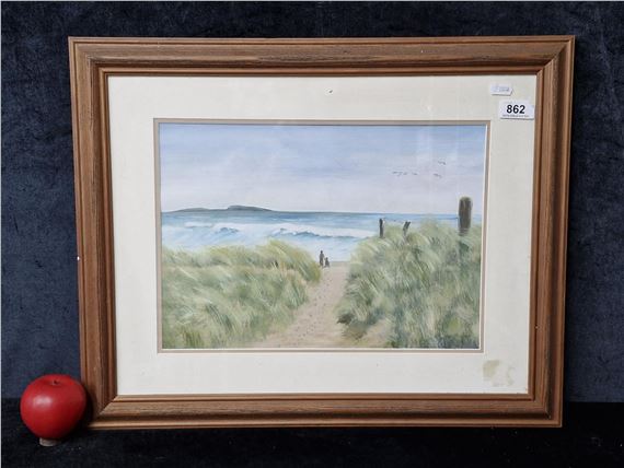 D Bates' lower right. Housed in a wooden frame behind glass. With framer - Bates