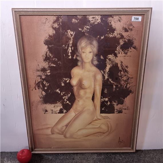 Aris Kalaizis'. Features a seated nude woman. Rendered in a restrained yet evocative color palette of muted tones to evoke a sense of stillness and introspection. Portray deliberate brushstrokes building up layers to achieve a smooth almost photographic finish. Signed 'Aris - Aris Kalaizis