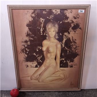 Aris Kalaizis'. Features a seated nude woman. Rendered in a restrained yet evocative color palette of muted tones to evoke a sense of stillness and introspection. Portray deliberate brushstrokes building up layers to achieve a smooth almost photographic finish. Signed 'Aris - Aris Kalaizis