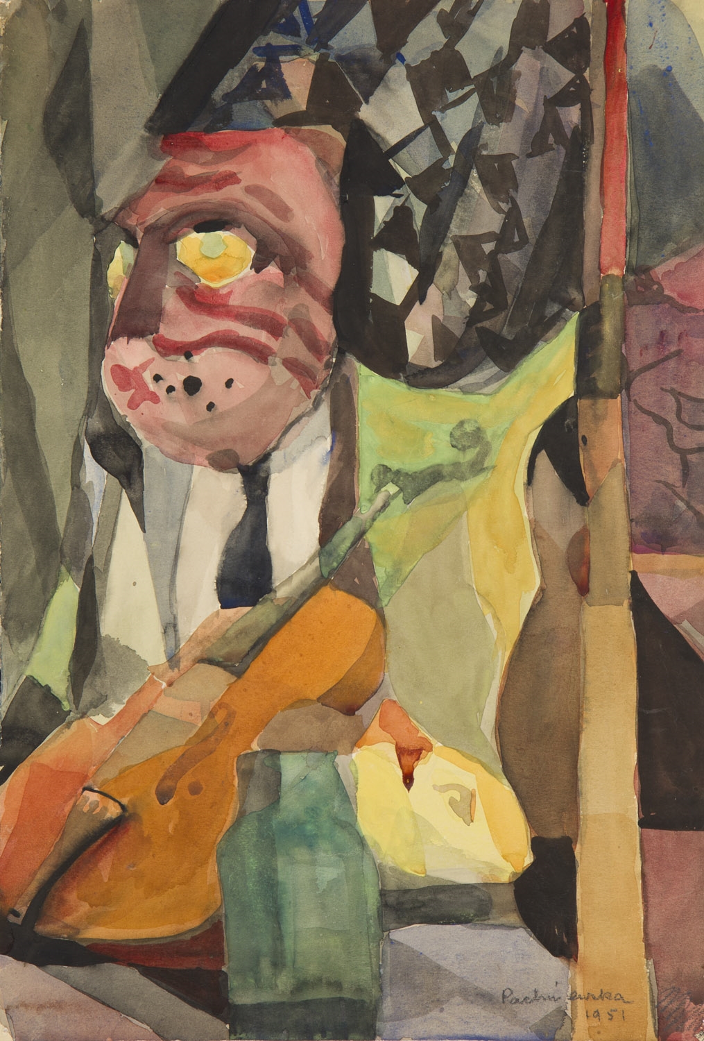Artwork by Hanna Pachniewska-Betley, Kompozycja ze skrzypcami i maską, Made of watercolour, gouache/paper