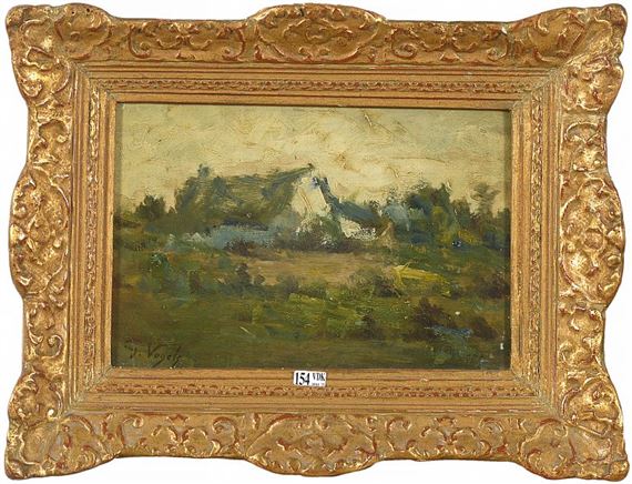 A small oil painting of a rural landscape with a white farmhouse nestled among trees, enclosed in an ornate gold frame.