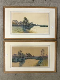 TWO SIGNED WATERCOLOURS BOTH LAKESIDE VIEWS FRAMED AND GLAZED 79 X 49CM - J. Stuart