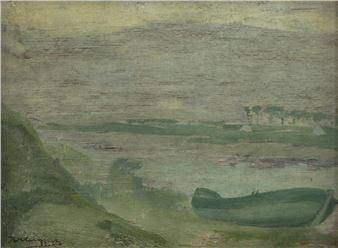 oil on panel River landscape with boat - Alfons de Cuyper