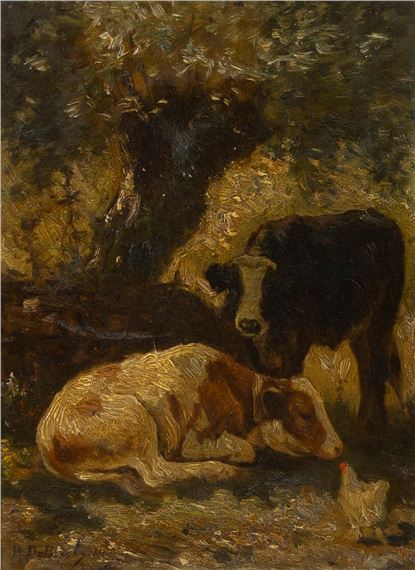 Henri De Beul | oil on panel Cows with chicken (1881) | MutualArt