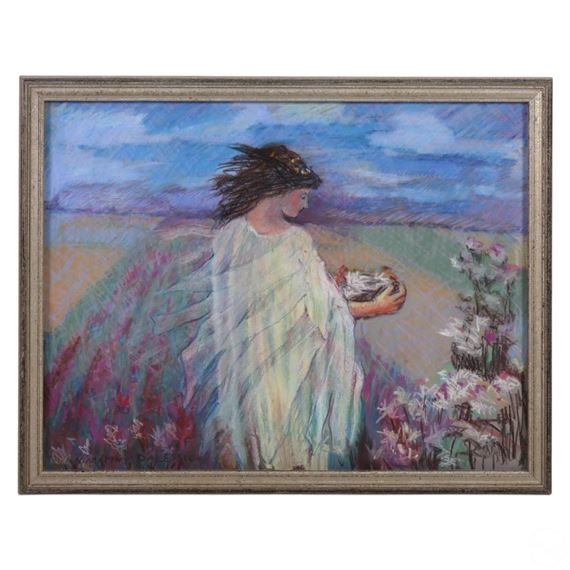 Windblown Woman in Field Holding Flowers by Natalie Marino D'Alessio, 2000