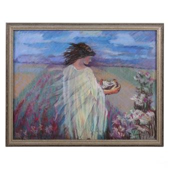 Windblown Woman in Field Holding Flowers - Natalie Marino D'Alessio