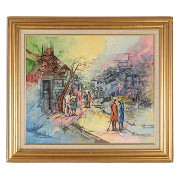 J P Auguste b.1963 Haitian Street Scene Painting by J. P. Auguste
