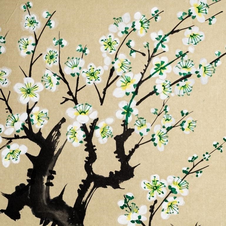 Artwork by Bai Shui, BAI SHUI PLUM BLOSSOM AND BLESSINGS SCROLL 1992, Made of OPAQUE WATERCOLOUR ON PAPER ON SILK