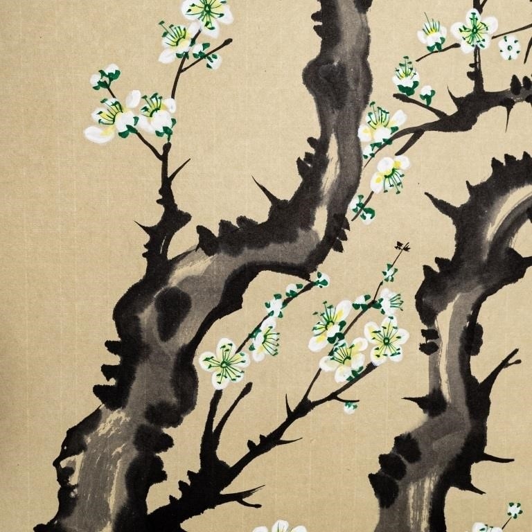 Artwork by Bai Shui, BAI SHUI PLUM BLOSSOM AND BLESSINGS SCROLL 1992, Made of OPAQUE WATERCOLOUR ON PAPER ON SILK