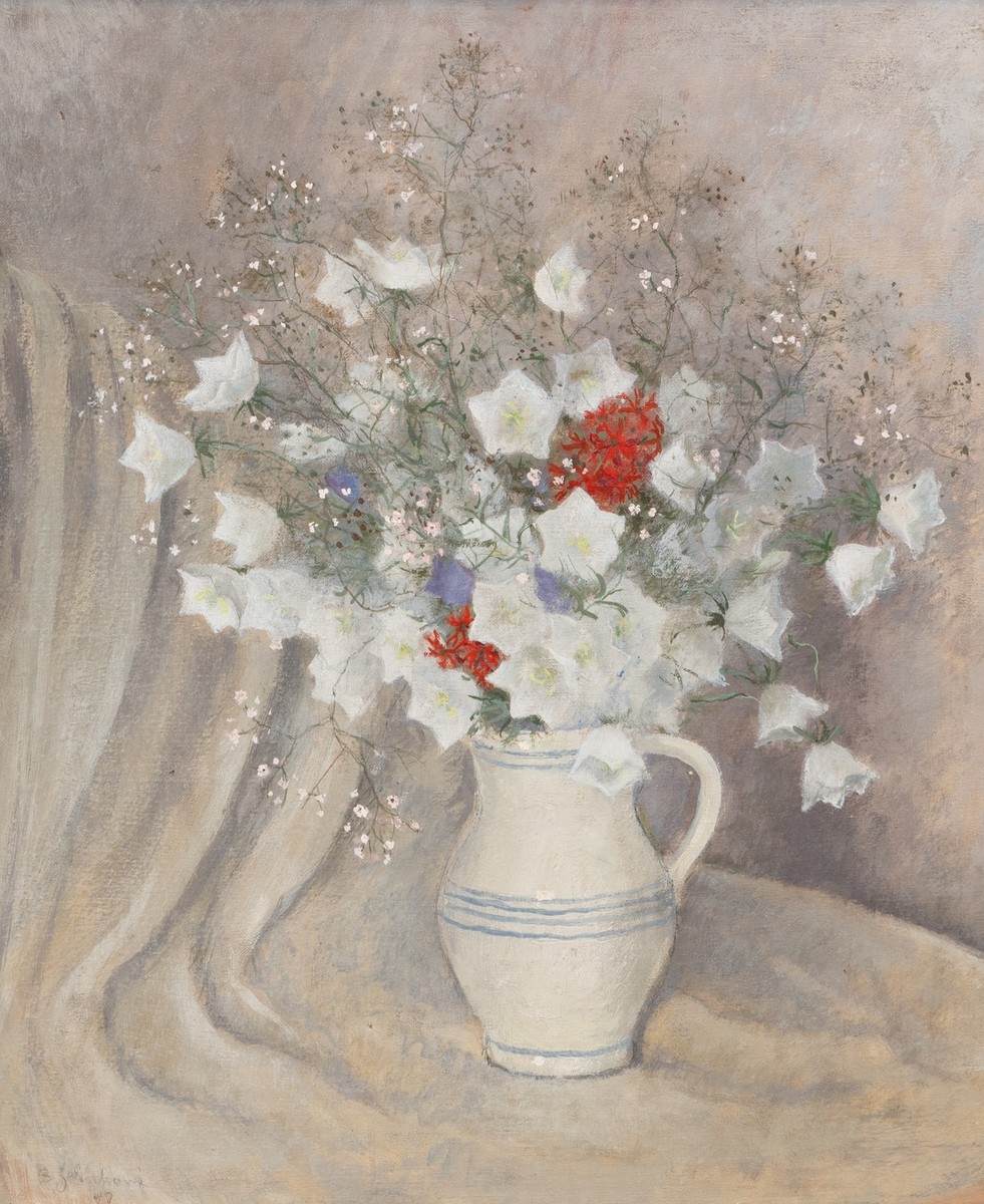 Artwork by Božena Jelínková-Jirásková, Kytice bílých zvonků ve džbáně, Made of oil on canvas