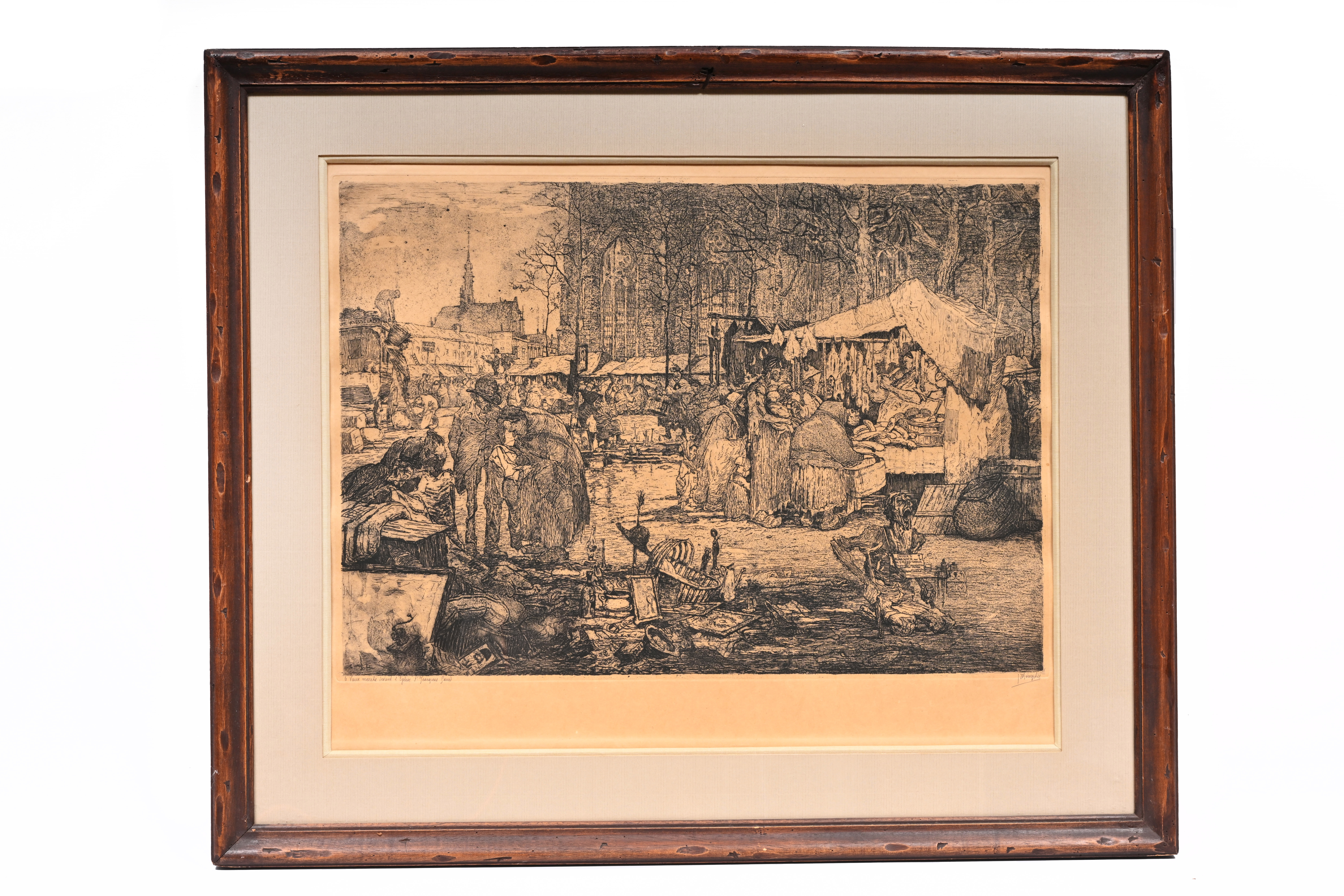 Artwork by Jules de Bruycker, Le Vieux marché devant l'Eglise St-Jacques Gand, Made of etching
