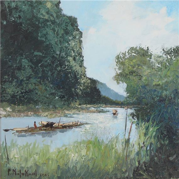 Oil on canvas of a Thai river scene with boat by M.L. Poum Malakoul, dated 1965