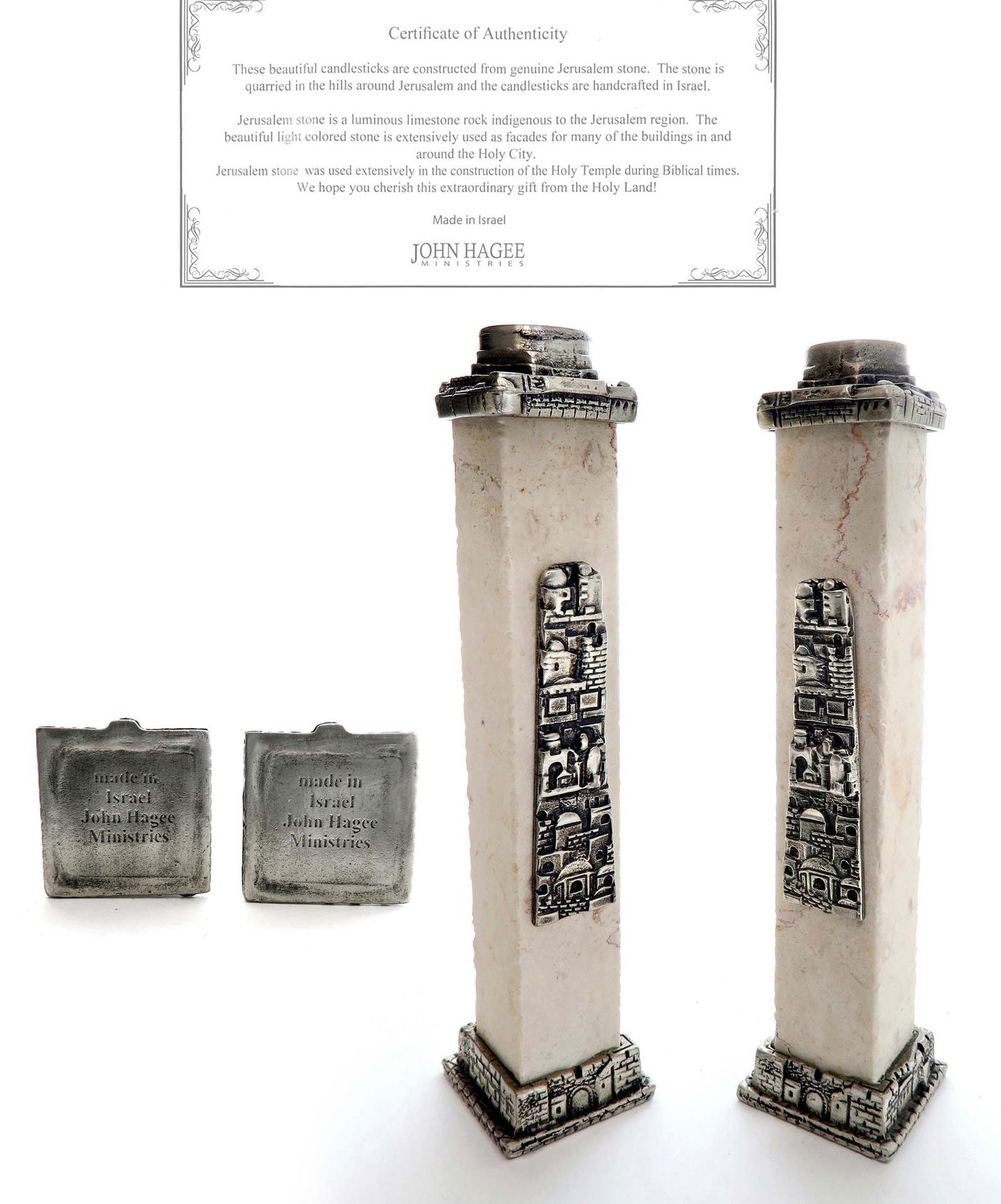 Artwork by John Hagee, John Hagee Pair of Judaica Jerusalem Stone Candlesticks, Made of Stone