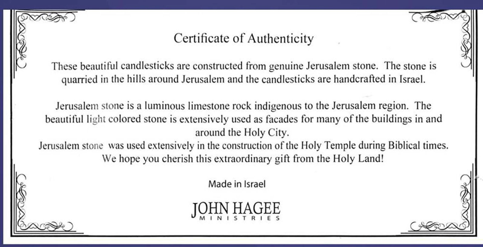 Artwork by John Hagee, John Hagee Pair of Judaica Jerusalem Stone Candlesticks, Made of Stone