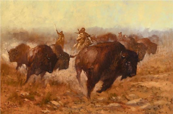 A dynamic oil painting of a bison herd being herded by figures on horseback across a dry, dusty plain.