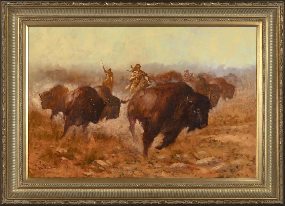 A dynamic oil painting of a bison herd being herded by figures on horseback across a dry, dusty plain.