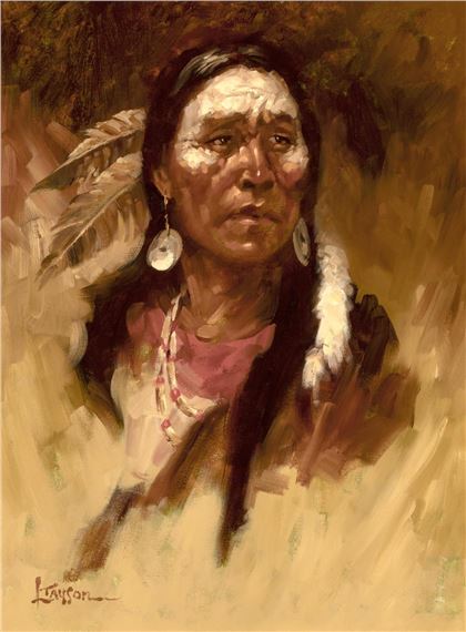 A portrait of a person with white face paint and feathered adornments, rendered in warm earth tones.