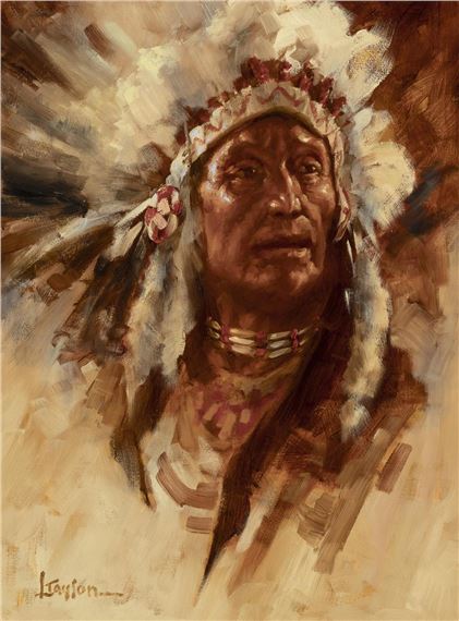 A portrait of a figure in traditional regalia rendered with expressive brushwork and warm earth tones.