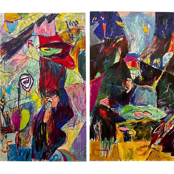 Ford Crull, Statuesque, Oil & Oil Stick on Two Canvases, Dated & Titled on Verso by Ford Crull