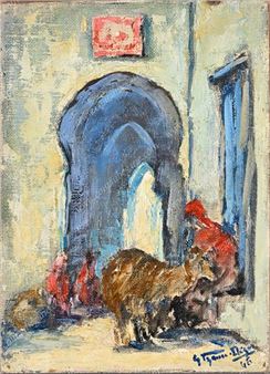 IZAURE-DEZES Gabrielle (1889-19??). * Scenes from Tunisian Life. Set of three works: two oils on canvas mounted on cardboard and one oil on panel, signed lower right by the artist, dated (19)46 and (19)47. Representing a lively view of the Kasbah of Tunis, a shepherd and his dromedary and a Berber camp in the shade of an olive tree. Good condition. H. 24 cm - L. 33 cm. H.: 27 cm - W.: 35 cm. H. 22.5 cm - L. 16 cm. - Gabrielle Izaure Dezès