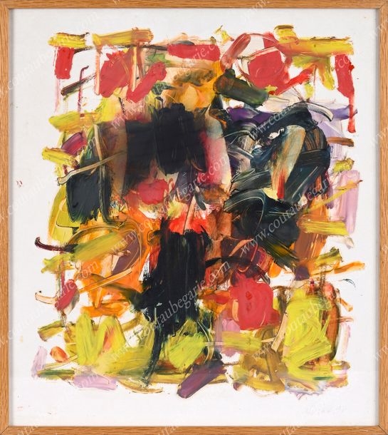 Artwork by Zuzana Hulka, HULKA Zuzana (°1951). Abstract scene. Acrylic on paper, signed lower right and dated (19)96, preserved in a modern natural wood frame. Good condition. Sight: H.: 44 cm - W.: 39 cm. Frame: H.: 46 cm - W.: 41 cm., Made of Acrylic on paper