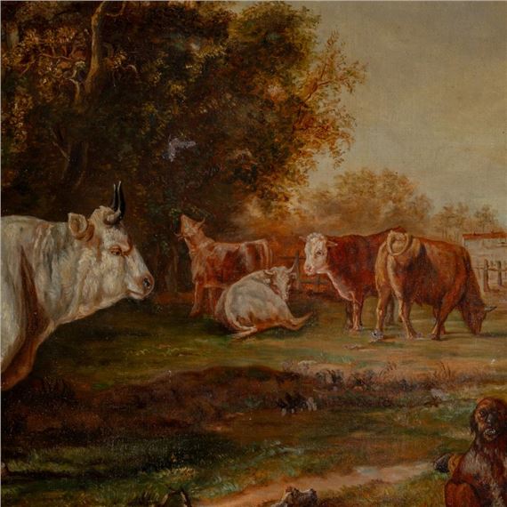 Claude P. Emile Gleize | Resting Shepherd with his flock of cows (1892 ...