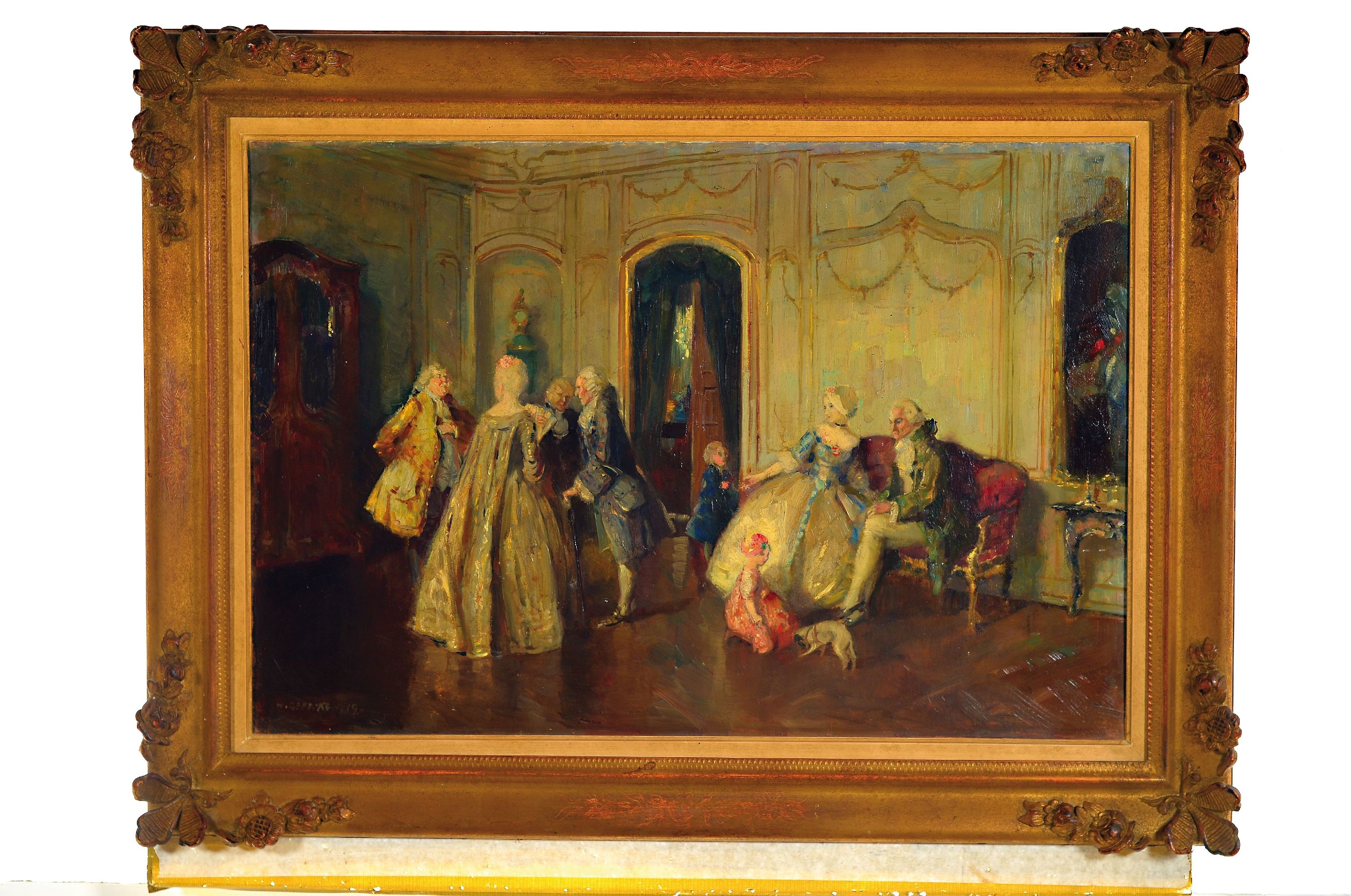 Artwork by Walter Geffcken, Walter Geffcken, , court society in the salon,  box, signed at the bottom left, approx. 45x65cm,frame approx. 61x81cm, Made of oil/painting
