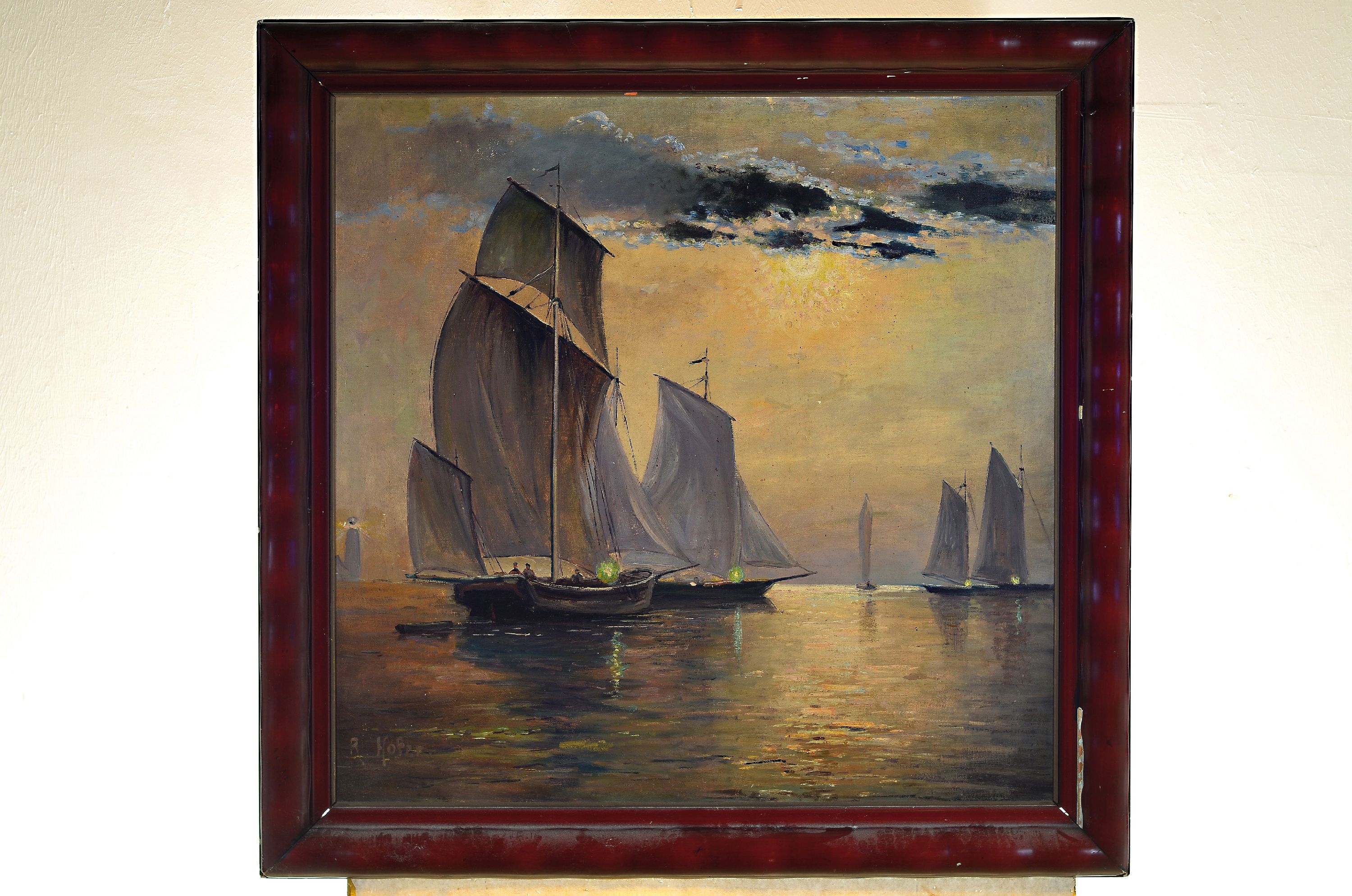 Artwork by R. Hofer, nightly maritime landscape, Made of oil/canvas
