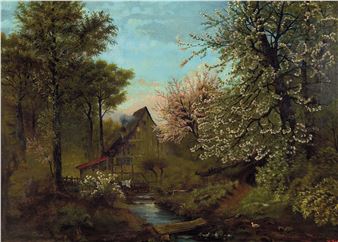 Farmstead behind flowering trees and stream - H. Koch