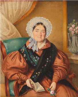 Bildnis einer sitzenden Dame in Braun mit schwarzem Umhang, Buch und einer Rose in der Hand - Joseph Bekel