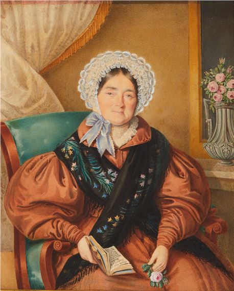 Bildnis einer sitzenden Dame in Braun mit schwarzem Umhang, Buch und einer Rose in der Hand - Joseph Bekel