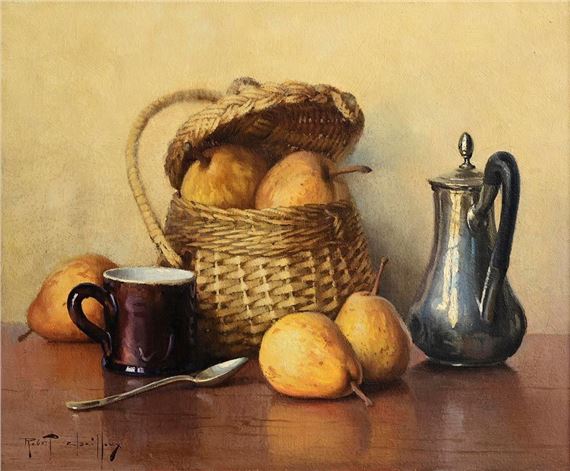 Pears, Wicker Basket, Jug and Mug by Robert Chailloux