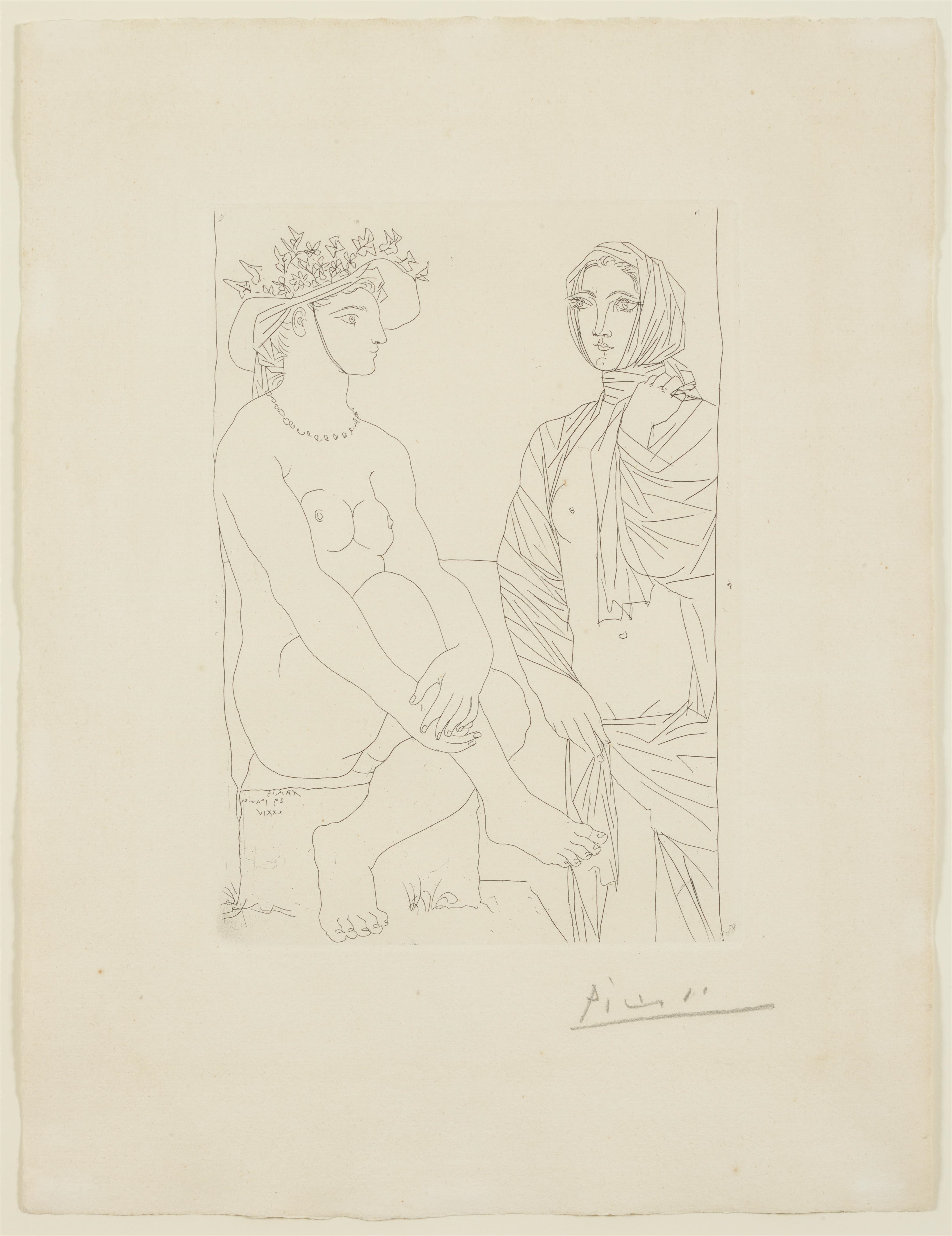 Artwork by Ambroise Vollard, Femme assise au chapeau et femme debout drapée, Made of etching on Montval laid paper
