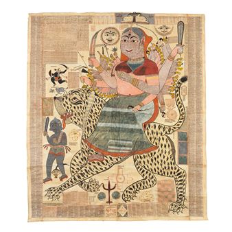 A rare, large painting depicting Devi, the Great Goddess, riding on a tiger, her figure containing text from the Devi Mahatmya - Chiman Rama