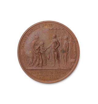A bronze medal depicting the surrender of Tipu Sultan's sons to Lord Cornwallis in 1792 by by C H Küchler - C H Küchler