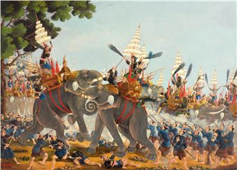 A battle scene, with elephants and infantry in combat, depicting an engagement in the wars between the Siamese and Burmese, presented to E. R. Morris by Prince Alangkarn, brother of the King of Siam, in Bangkok in 1899 - Thai School, 19th Century