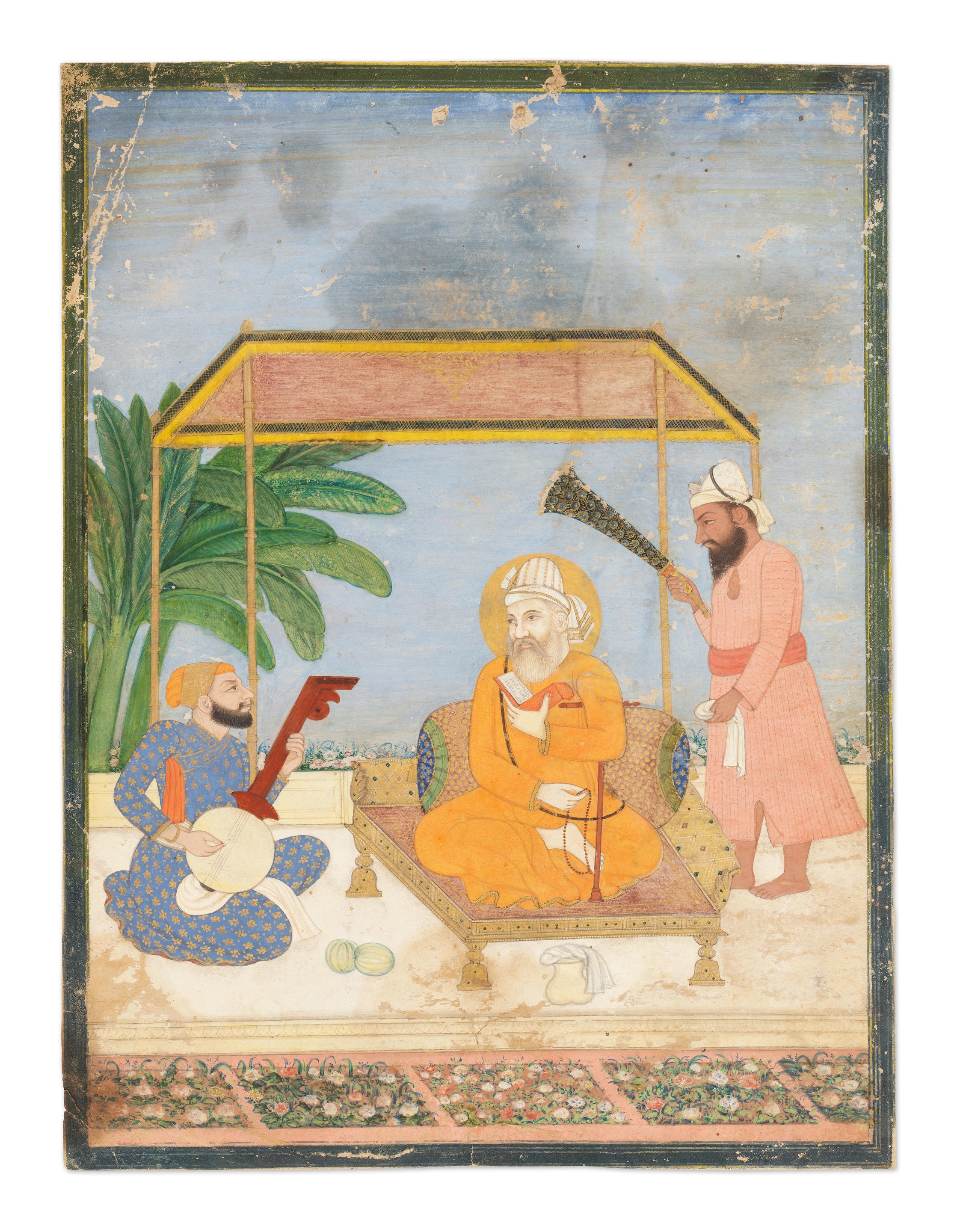 Artwork by Guler School, 19th Century, Guru Nanak with Bala and Mardana seated beneath a canopy on a terrace, Made of gouache and gold on paper, olive green