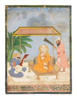 Guru Nanak with Bala and Mardana seated beneath a canopy on a terrace - Guler School, 19th Century